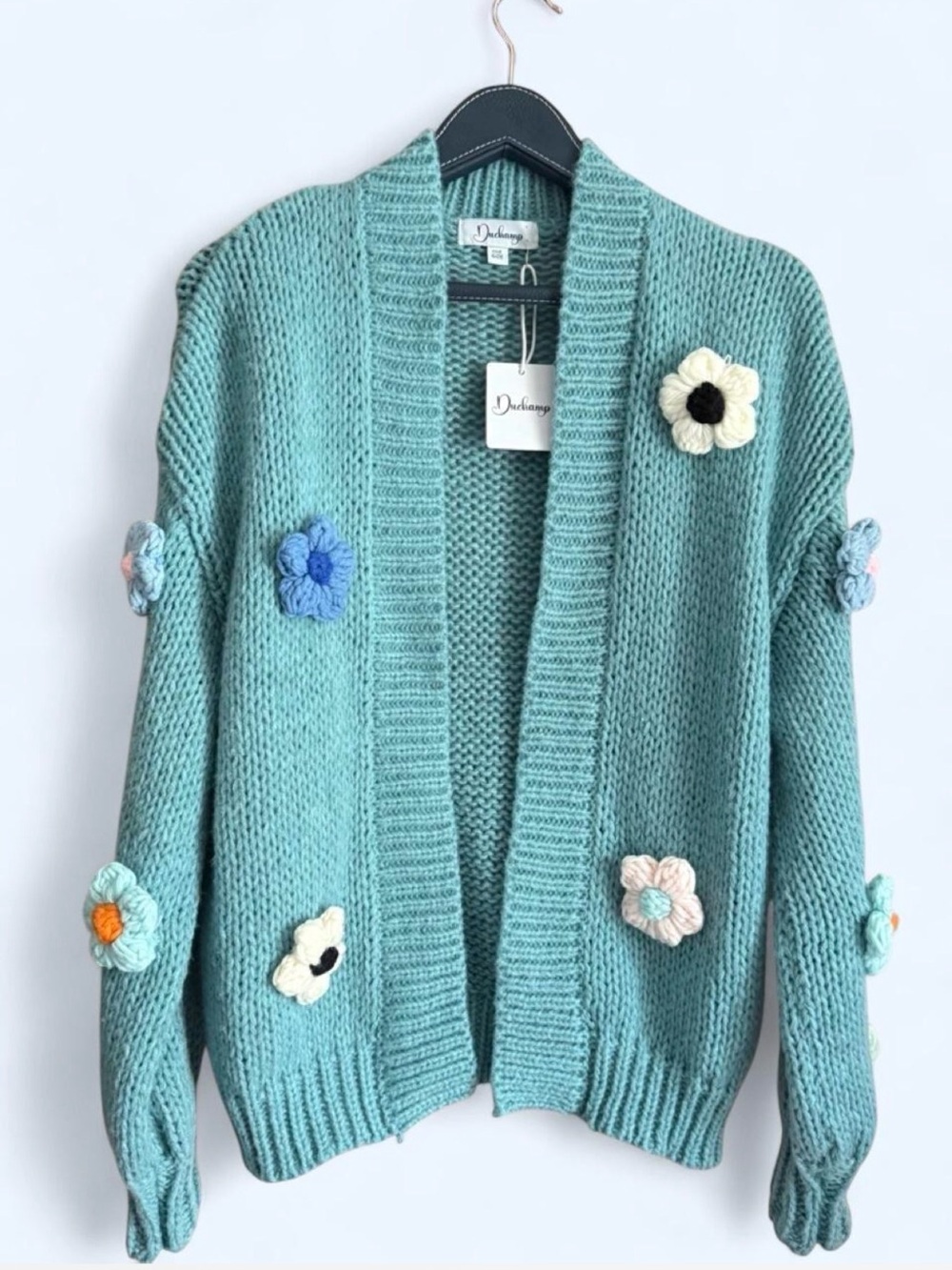 Duchamp Aqua Floral-Appliqué Open Cardigan